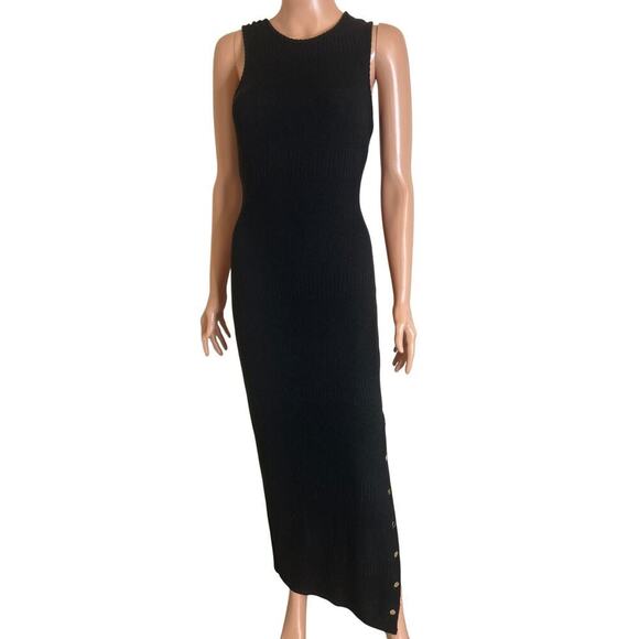 BeBe maxi dress ribbed side slit stretch gold buttons back zip up SZ SM black - Picture 2 of 10